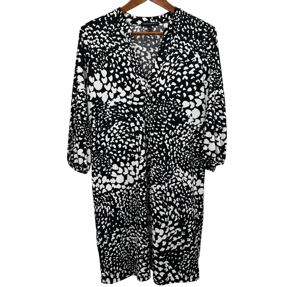 Banana Republic V-Neck Shift Dress Black Animal Print 3/4 Sleeve Women's Small